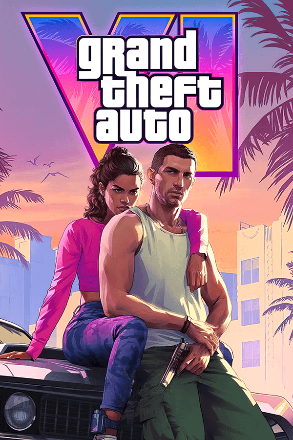 Grand Theft Auto VI artwork with Lucia and Jason in front of the VI logo