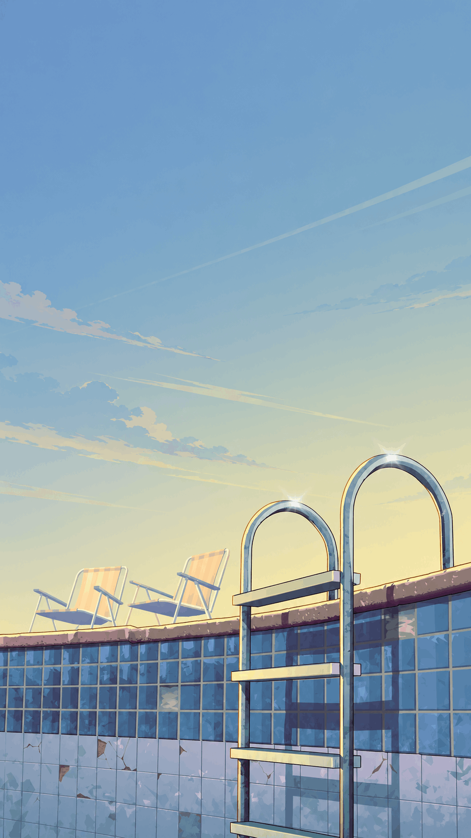 An empty pool ladder and sun loungers under a soft blue sky.