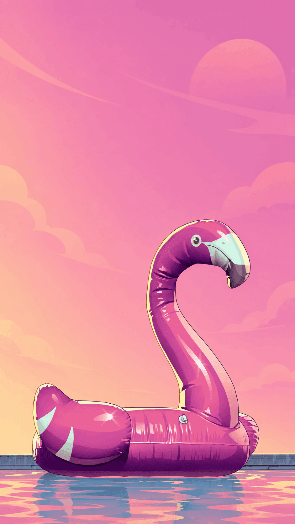 A pink flamingo float in a pool at sunset.