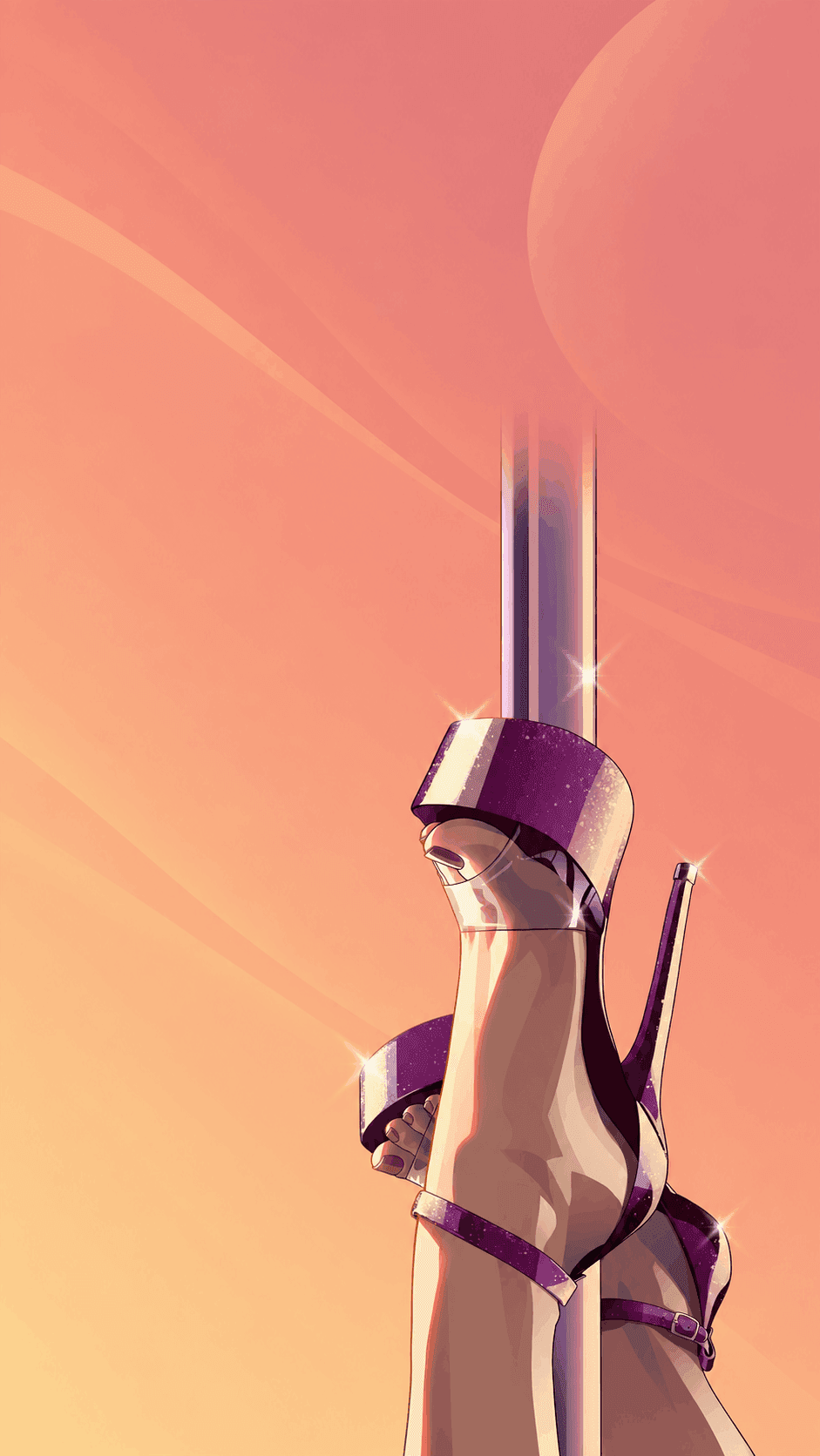 Purple high heels against a peach-colored sunset sky.
